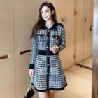 Long-sleeve Knit Houndstooth Mini A-line Shirtdress Houndstooth - Black & White - One Size