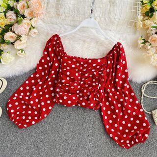 Dot Printed Puff Long-sleeve Crop Blouse