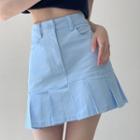 High-waist Plain Ruffle Trim Pleated Skirt