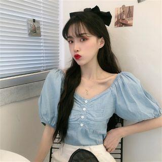 Balloon-sleeve Shirred Blouse Light Blue - One Size