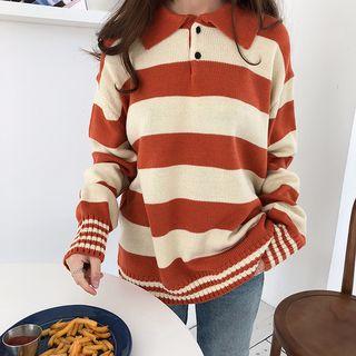 Stripe Long-sleeve Collared Top