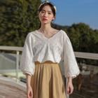Eyelet 3/4-sleeve V-neck Blouse White - One Size