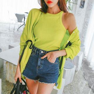 Set: Cutout-hem Beribboned Cardigan + Halter Top