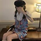 Puff-sleeve Plain Shirt / Sleeveless Flower Print Button-up Mini Dress