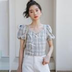 Puff-sleeve Plaid Frog-button Blouse