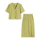 Set: Short-sleeve Plain Blazer + Midi Skirt