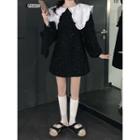Long-sleeve Glitter Mini Collared Dress Black & White - One Size