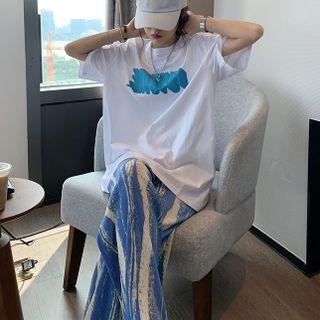 Set: Lettering T-shirt + Tie-dye Print Wide-leg Pants
