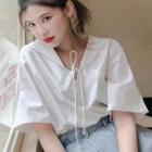 Elbow-sleeve Wide Collar Ribbon Top White - One Size