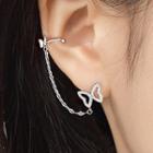 Butterfly Chained Cuff Earring With Ear Plug - 1 Pc - Zircon Butterfly Earring - Silver - One Size