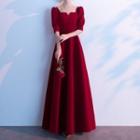 Puff-sleeve Square Neck Velvet A-line Evening Gown (various Designs)