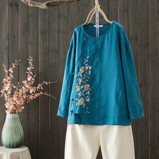 Long-sleeve Floral Embroidered Frog-button Blouse