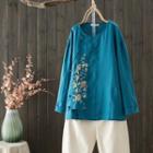 Long-sleeve Floral Embroidered Frog-button Blouse