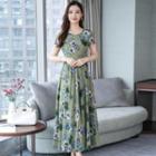 Short-sleeve Flower Print Maxi A-line Dress / Undershorts