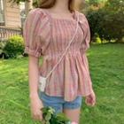 Plaid Short-sleeve Square Neck Top