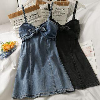 Sleeveless Ribbon-accent Denim Mini Dress
