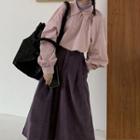 Mock-turtleneck Long-sleeve Top / Balloon-sleeve Shirt / Corduroy Wide Leg Pants