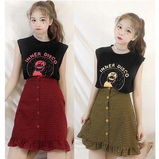 Set: Printed Tank Top + Plaid Mini Skirt