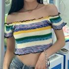 Short-sleeve Striped Knit Top Leopard - One Size
