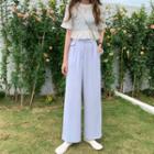 Short-sleeve Shirred Plain Top / High-waist Plain Straight Cut Pants