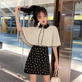 Set: Cape-sleeve Top + Heart Pattern Mini Skirt