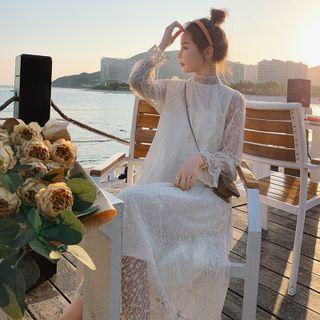 Mock-neck Puff-sleeve Midi A-line Lace Dress