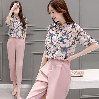 Set: Floral Print Chiffon Blouse + Dress Pants