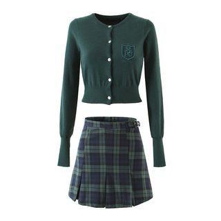 Cropped Cardigan / Plaid Pleated Skirt