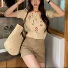 Short-sleeve Flower Embroidered Knit Top / Skort