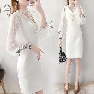 Set: Mock-neck Long-sleeve Top + Faux-pearl Detail Sleeveless Sheath Dress