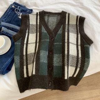 Plaid Open Front Knit Vest Green - One Size