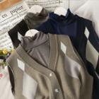 Set: Cowl-neck Plain Top + Button-down Argyle Knit Vest