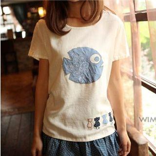 Fish And Cat Linen Cotton Short-sleeve T-shirt