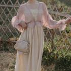 Set: Spaghetti Strap Lace A-line Midi Dress + Puff-sleeve Sheer Light Jacket