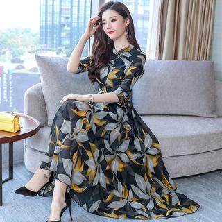 3/4-sleeve Floral Maxi A-line Dress