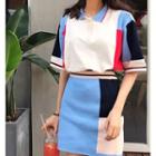 Color-block Short-sleeve Knit Top / High-waist Pencil Skirt