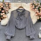 Houndstooth Bow Long-sleeve Chiffon Top