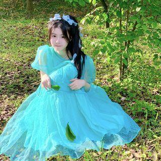 Short-sleeve Mesh A-line Dress Aqua Blue - One Size