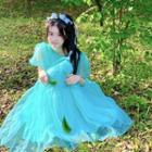 Short-sleeve Mesh A-line Dress Aqua Blue - One Size