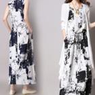 Set: Printed Sleeveless Midi A-line Dress + Open-front Long Cardigan