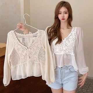 Long-sleeve V-neck Cut-out Chiffon Blouse