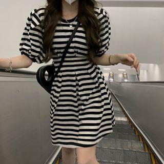Puff Short-sleeve Striped Dress