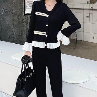 Set: Contrast Trim Cardigan + Cropped Straight-fit Pants