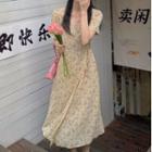 Short-sleeve Floral Print Midi A-line Dress Pink Floral - Light Yellow - One Size