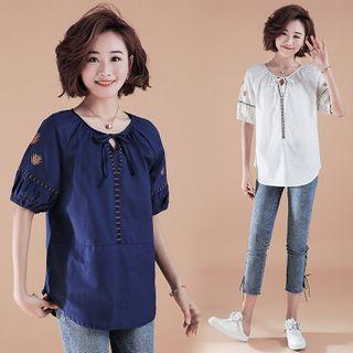 Embroidered Round-neck Lantern-sleeve T Shirt