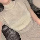Glittered Stand-collar Slim-fit Short-sleeve Top / Gloss High-waist Skirt