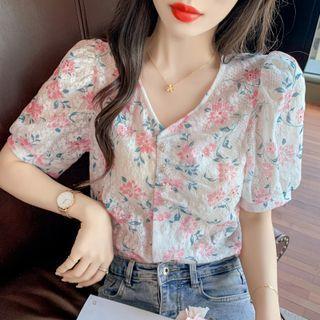 Short-sleeve Floral Print V-neck Shirt