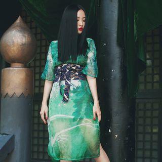 Japanese-style Printed Chiffon Qipao(waist Belt Not Included) Green - One Size