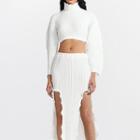 Set: Long-sleeve Mock-neck Zip-up Crop Top + Ruffle Trim Slit Midi Skirt
