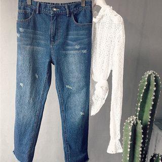 Band Waist Fray Hem Jeans